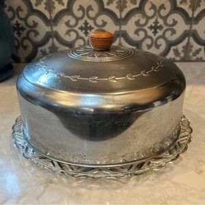 Vintage Embossed Aluminum Cake Dome & Cut Glass Plate- circa 1960s